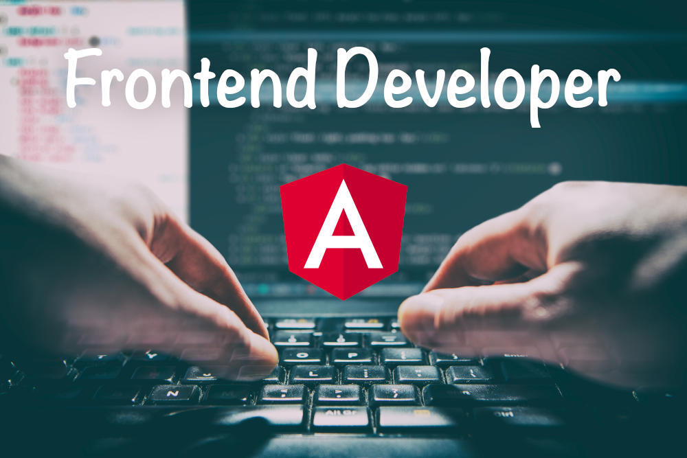 Foto van laptop met letter Frontend Developer en Angular logo.